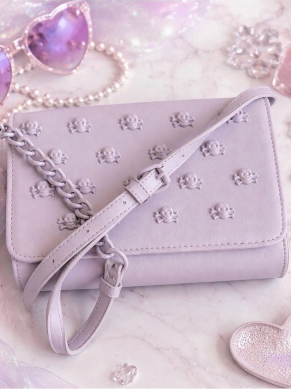 BETSEY JOHNSON Crossbody Bag 3D Skulls Lavender Pastel Whimsigoth Goth Purse NWT